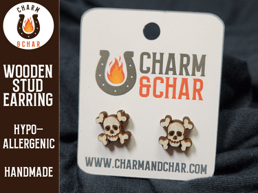 Skull and Crossbones Wood Stud Earrings - Halloween Fashion Earring - Stud Earring - Charm and Char